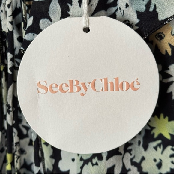 NWT SEE BY CHLOE Floral Print Crepe Ruffled Drawstring Blouse Multicolor Black - Picture 8 of 16